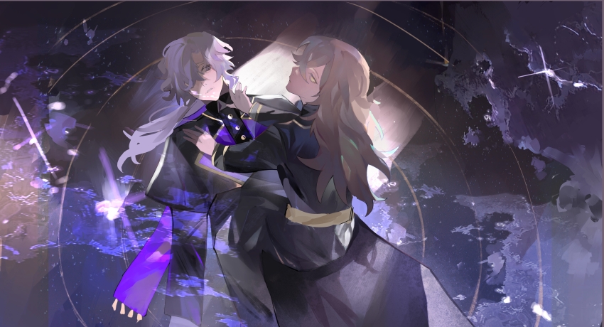 2boys, absurdres, aitangguodexiaogui842, black_capelet, black_coat, brown_hair, call_of_cthulhu, capelet