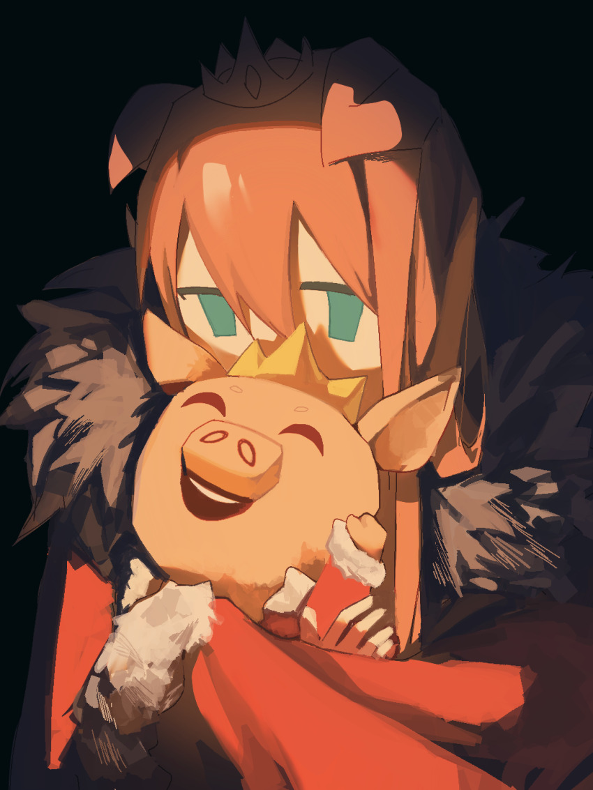1boy, androgynous, animal_ears, aqua_eyes, coat, crown, fur_coat, fur_trim, highres, holding, holding_stuffed_toy, keyihaoye, long_hair, minecraft_youtube, pig_boy, pig_ears, pink_hair, solo, stuffed_animal, stuffed_pig, stuffed_toy, technoblade, trap, youtooz