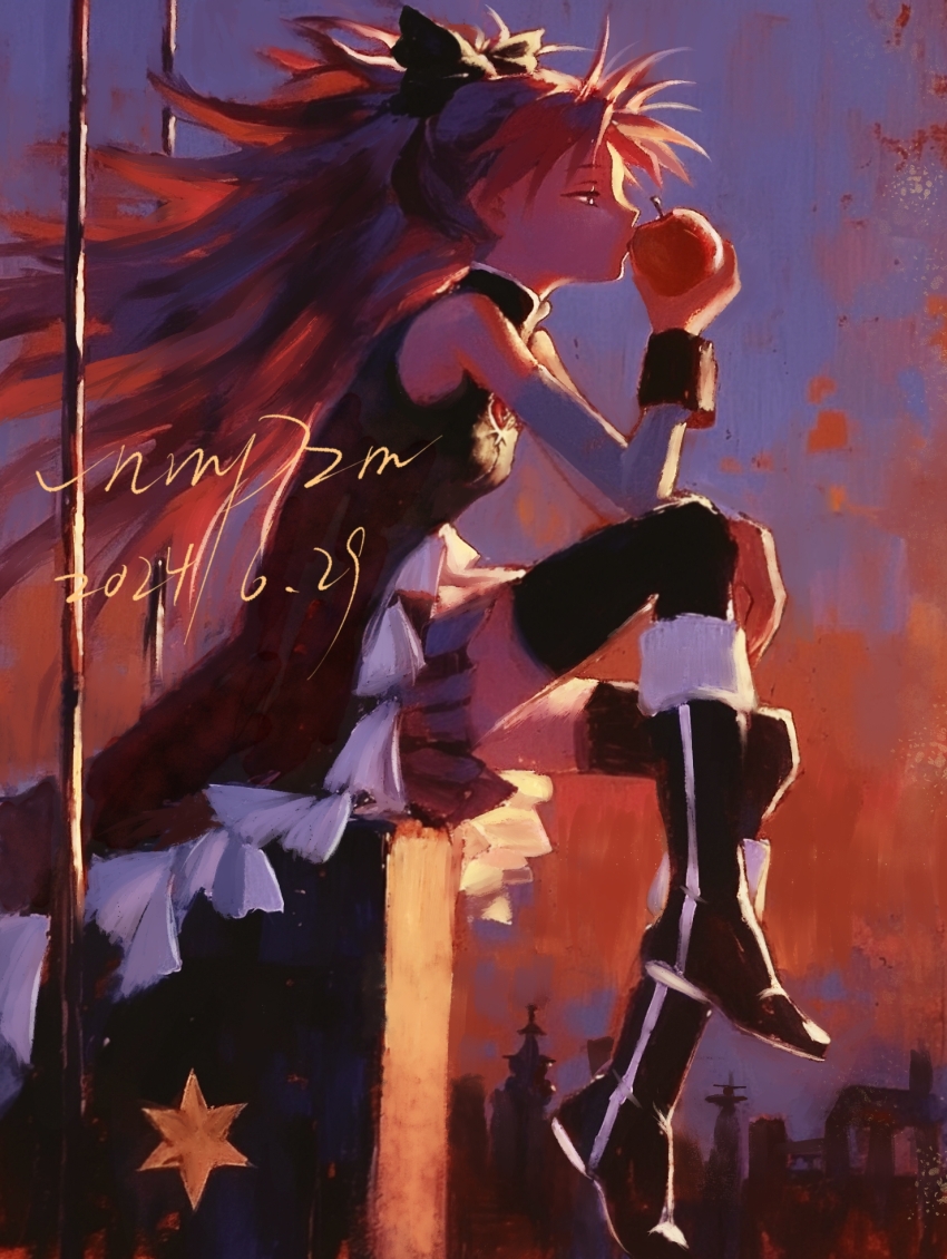 1girl, apple, black_boots, black_bow, black_thighhighs, boots, bow, detached_sleeves