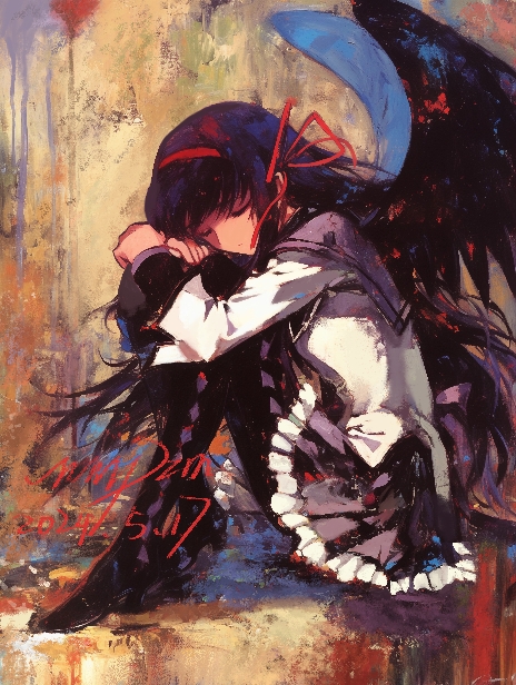 1girl, akemi_homura, akemi_homura_(magical_girl), black_hair, black_pantyhose, black_wings, closed_eyes, frilled_skirt