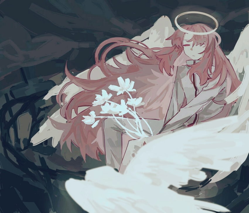 1boy, aitangguodexiaogui842, angel_wings, chinese_commentary, commentary_request, floating_hair, flower, halo