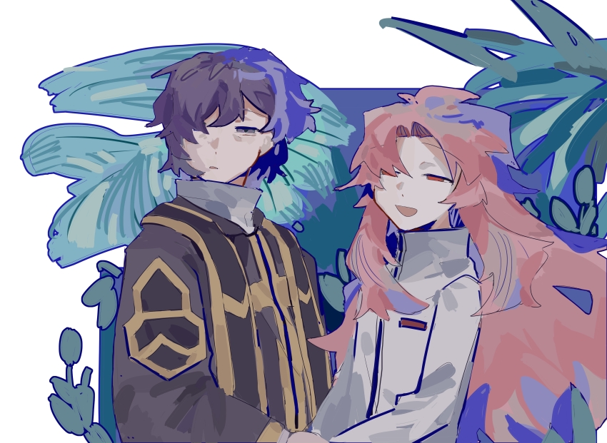 2boys, absurdres, aitangguodexiaogui842, black_hair, black_jacket, chinese_commentary, commentary_request, floating_hair