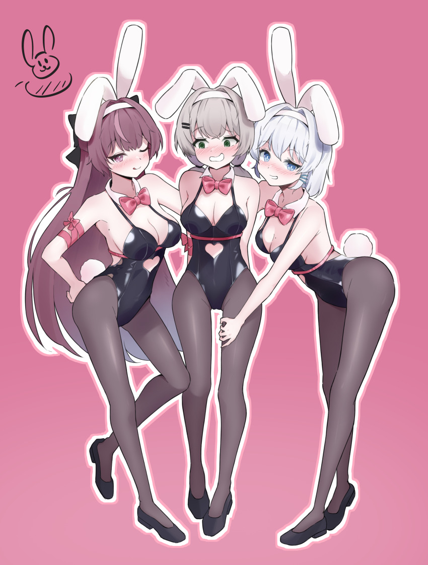 3girls, ;q, absurdres, animal_ears, arm_ribbon, bare_shoulders, black_bow, black_footwear