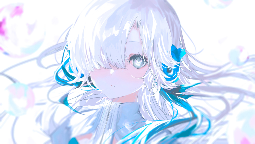 1girl, anemone_(flower), black_ribbon, blue_dress, blue_flower, blurry, depth_of_field, dress