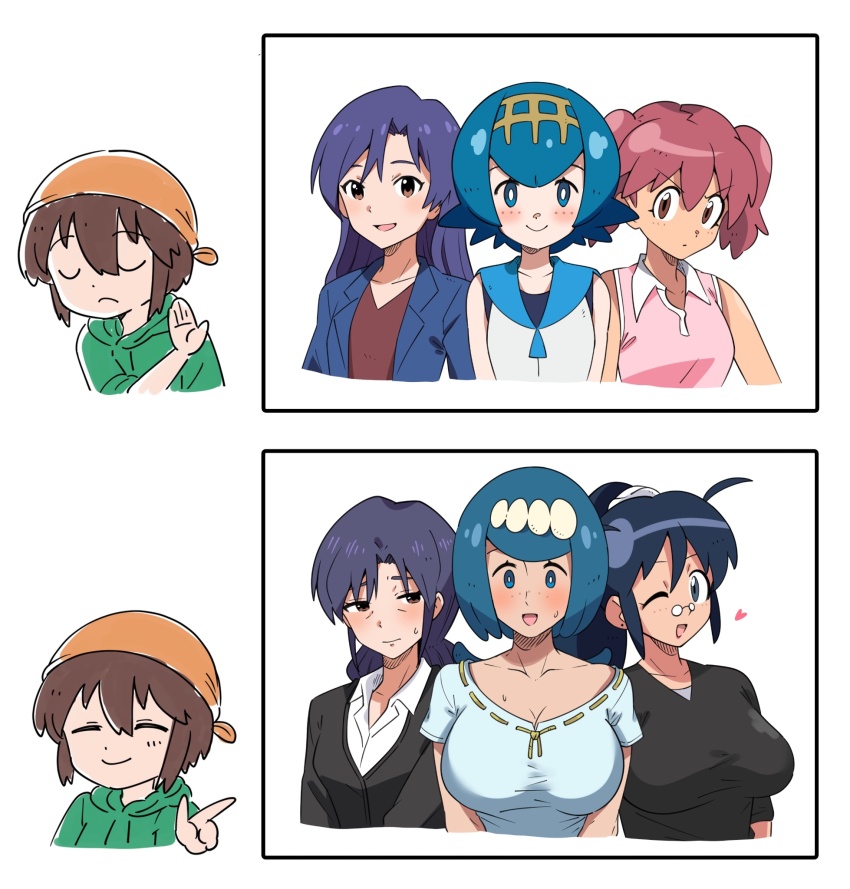 1boy, 6+girls, artist_self-insert, bandana, black_eyes, black_shirt, blazer, blue_eyes, blue_hair, blue_jacket, breasts, bright_pupils, brown_eyes, brown_shirt, closed_mouth, drakeposting_(meme), flat_chest, freckles, frown, glasses, green_hoodie, hair_between_eyes, hairband, highres, hinata_aki, hinata_natsumi, hood, hoodie, idolmaster, idolmaster_(classic), jacket, keroro_gunsou, kisaragi_chigusa, kisaragi_chihaya, lana's_mother_(pokemon), lana_(pokemon), large_breasts, long_hair, looking_at_viewer, mature_female, meme, mother_and_child, mother_and_daughter, multiple_girls, nintendo, one_eye_closed, open_clothes, open_jacket, open_mouth, orange_bandana, parent_and_child, pince-nez, pink_hair, pink_shirt, pokemon, pokemon_sun_and_moon, purple_hair, shirt, short_hair, simple_background, sleeveless, sleeveless_shirt, small_breasts, smile, sn_(zigzagspark6), sn_(zigzagspark6)_(character), upper_body, v-shaped_eyebrows, white_background, white_pupils, white_shirt, wrinkled_skin, yellow_hairband