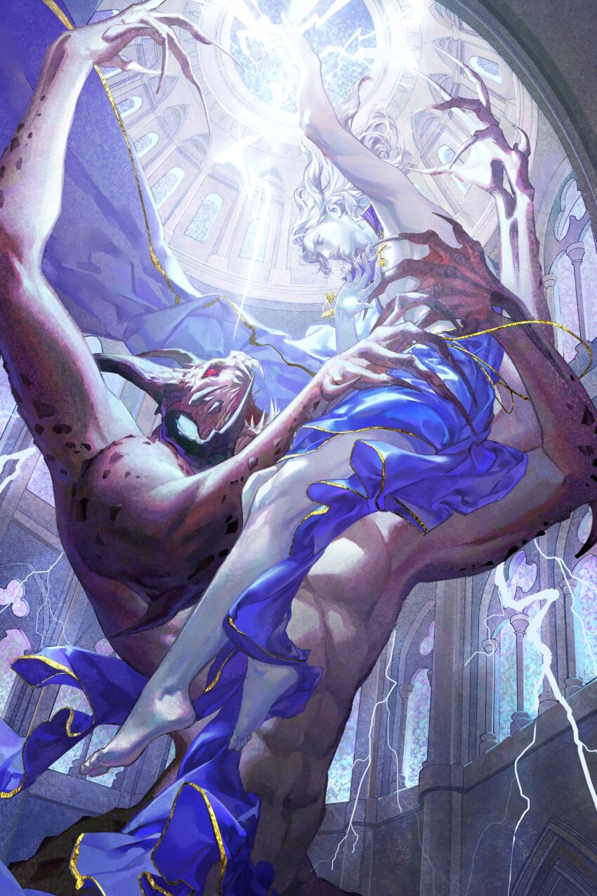 1boy, abs, alternate_form, architecture, arm_up, baldur's_gate, baldur's_gate_3, barefoot