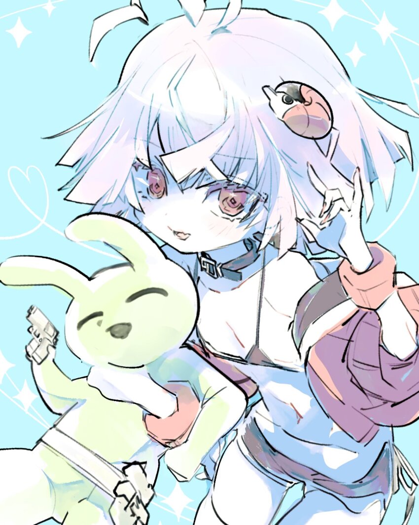 1girl, 90_sik, \m/, ahoge, belt, belt_collar, bikini, bikini_top_only