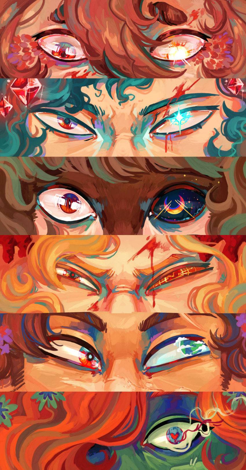 2girls, 3rd_life_smp, 4boys, bird_boy, black_sclera, blonde_hair, blood, blue_eyes, brown_hair, close-up, cocoabats, colored_sclera, colored_skin, crescent, crescent-shaped_pupils, crescent_moon, curly_hair, double_life_smp, earth_(planet), eye_focus, feathers, gem, glowing, glowing_eyes, goodtimeswithscar, green_eyes, green_skin, grey_hair, grian_(youtuber), heart, heart-shaped_pupils, heterochromia, highres, inthelittlewood, last_life_smp, limited_life_smp, looking_at_viewer, looking_down, looking_to_the_side, minecraft_youtube, moon, multiple_boys, multiple_girls, orange_hair, pearlescentmoon, planet, red_eyes, red_sclera, scar, secret_life_smp, smajor1995, sparkle, spoilers, symbol-shaped_pupils, traffic_life_series, zombiecleo