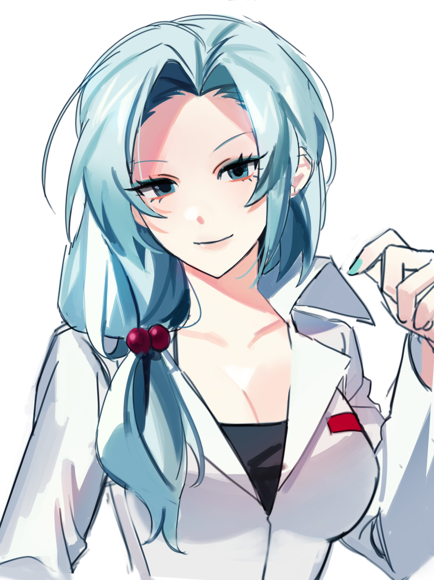 1girl, absurdres, aqua_nails, black_shirt, blue_eyes, blue_hair, breasts, closed_mouth