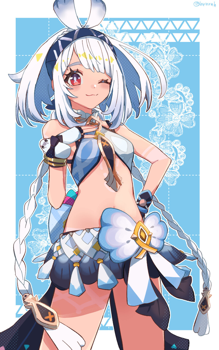 1girl, bare_shoulders, blue_hair, blunt_bangs, body_markings, braid, bright_pupils, fingerless_gloves