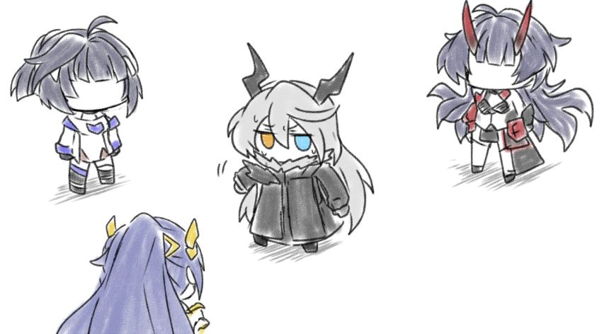 4girls, ahoge, back, black_coat, black_horns, blue_eyes, blunt_bangs, chibi