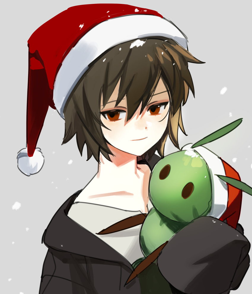 1boy, absurdres, black_jacket, brown_hair, closed_mouth, commentary_request, hair_between_eyes, hat