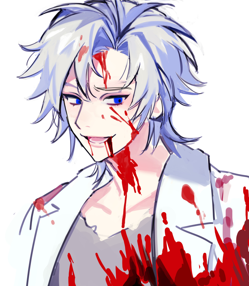 1boy, absurdres, blood, blood_from_mouth, blood_on_clothes, blood_on_face, blue_eyes, commentary_request
