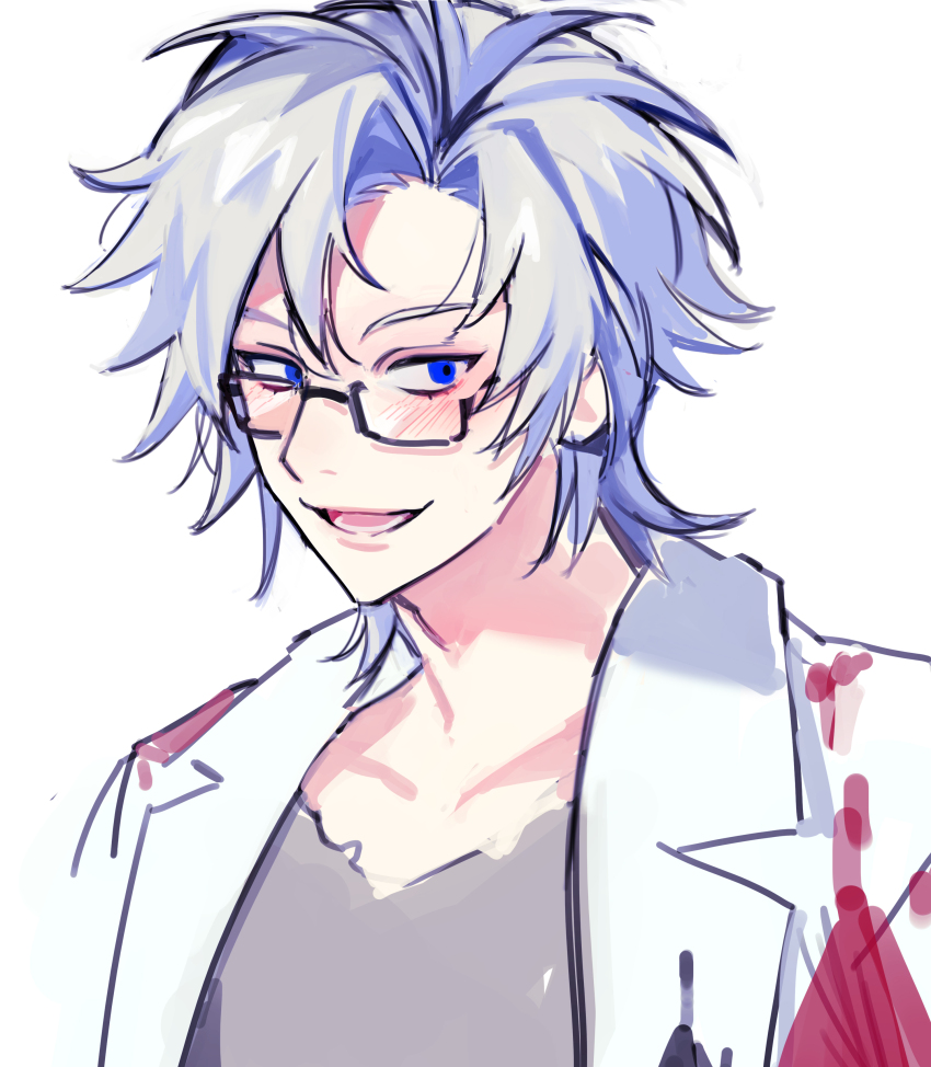 1boy, absurdres, blood, blood_on_clothes, blue_eyes, commentary_request, glasses, grey_shirt