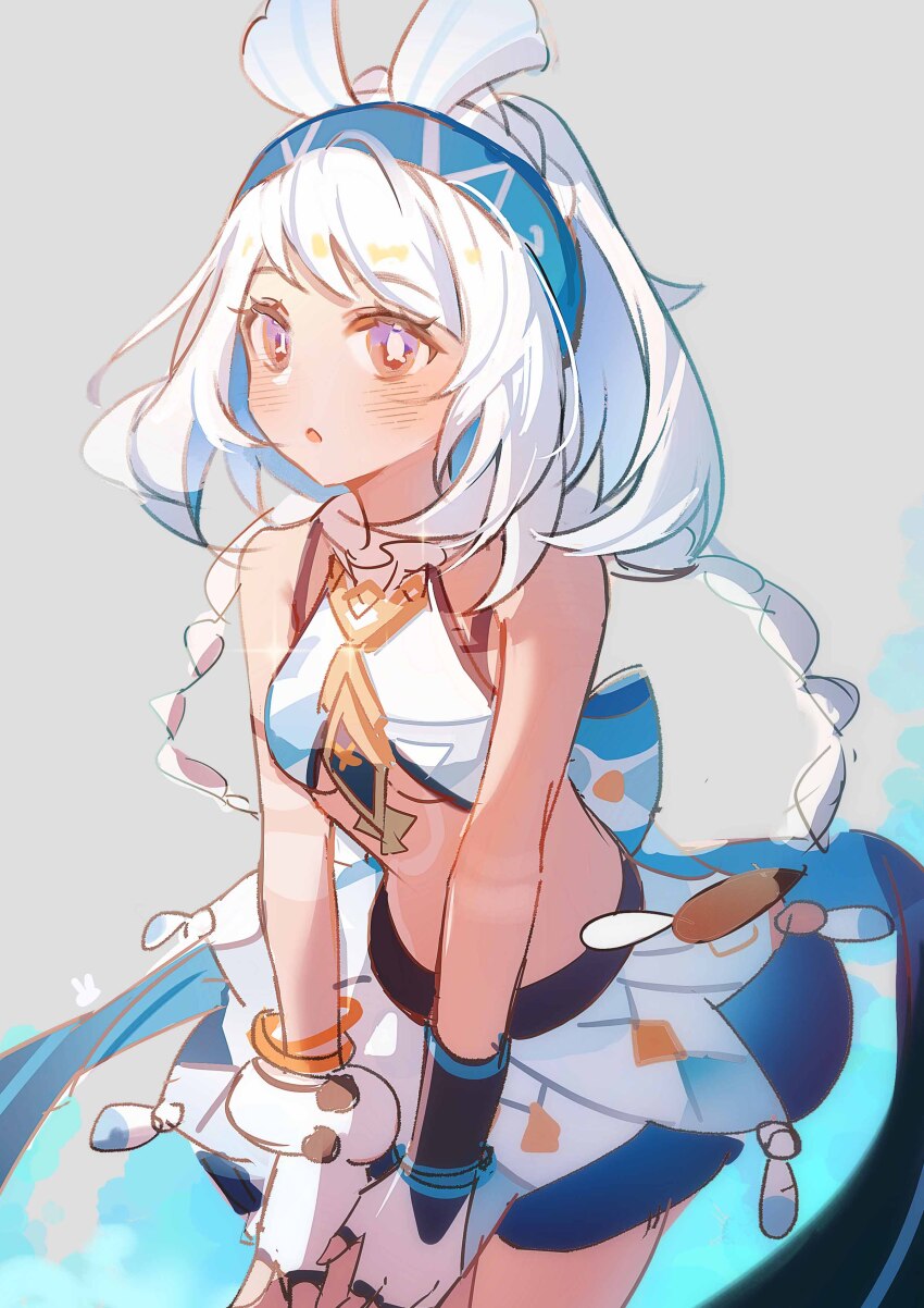 1girl, absurdres, adapted_costume, bare_shoulders, blush, body_markings, braid, breasts, bright_pupils, fingerless_gloves, fish-shaped_pupils, genshin_impact, gloves, grey_background, hairband, highres, jewelry, low_twin_braids, mualani_(genshin_impact), podayo_po, sketch, small_breasts, solo, twin_braids, underboob