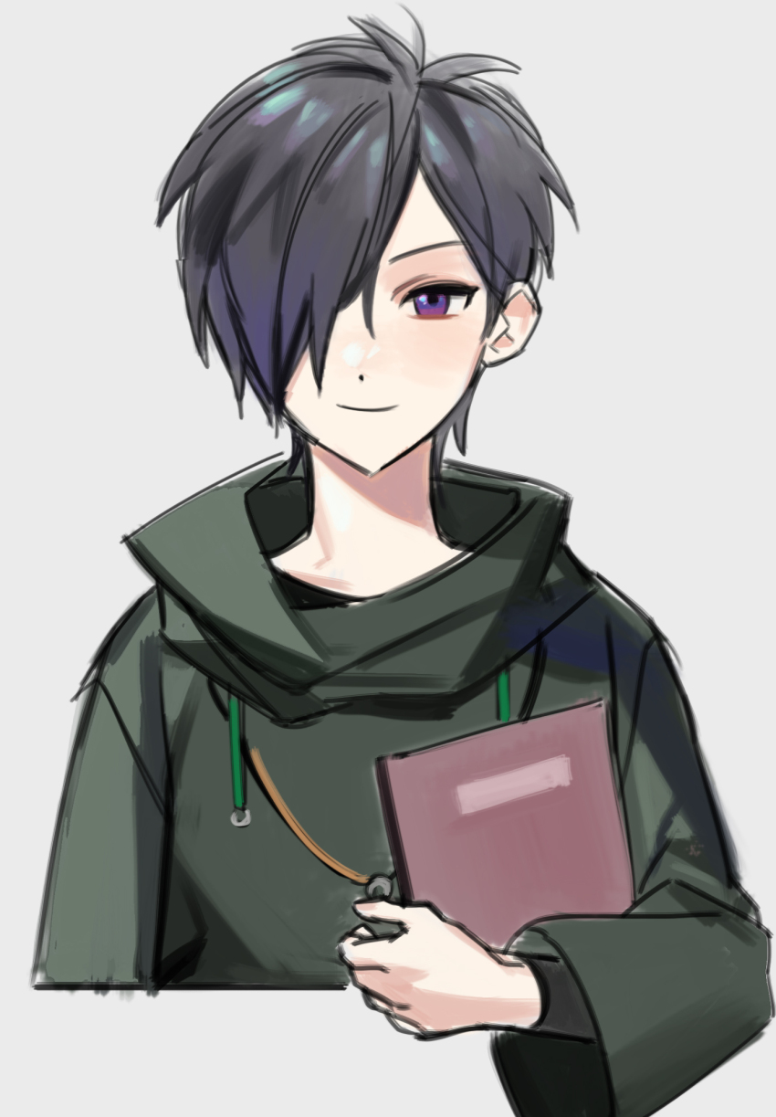 1boy, aiba_ibuki, black_hair, black_shirt, book, closed_mouth, commentary_request, cropped_torso