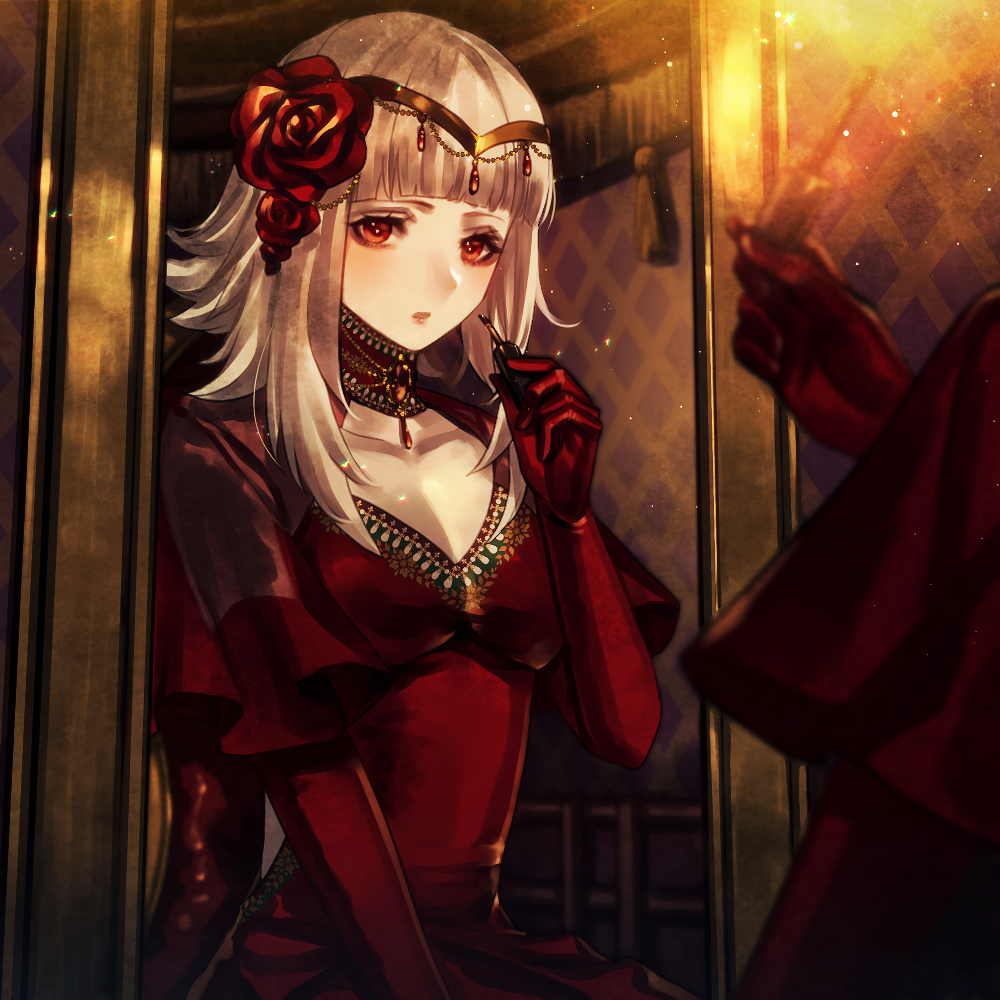 1girl, alternate_costume, applying_makeup, breasts, chair, circlet, cleavage, collar