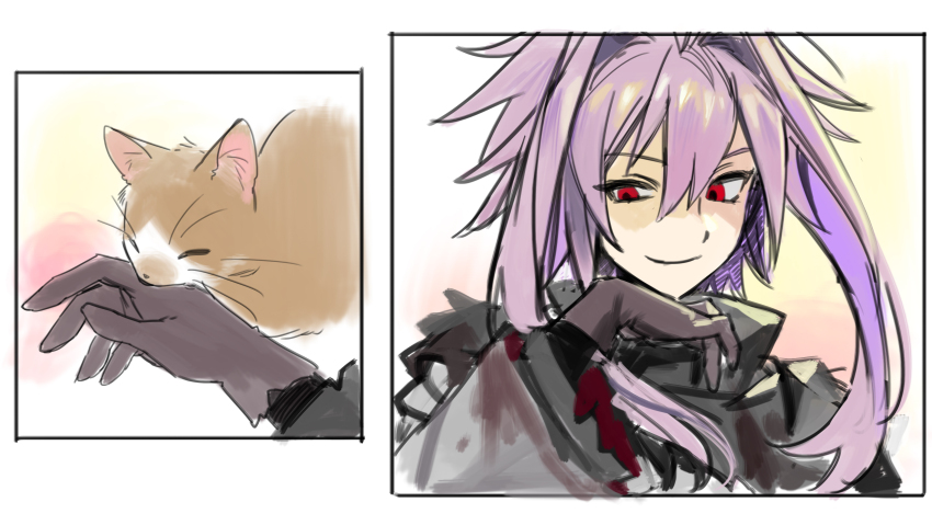 1boy, absurdres, black_capelet, breasts, brown_cat, brown_gloves, capelet, cat