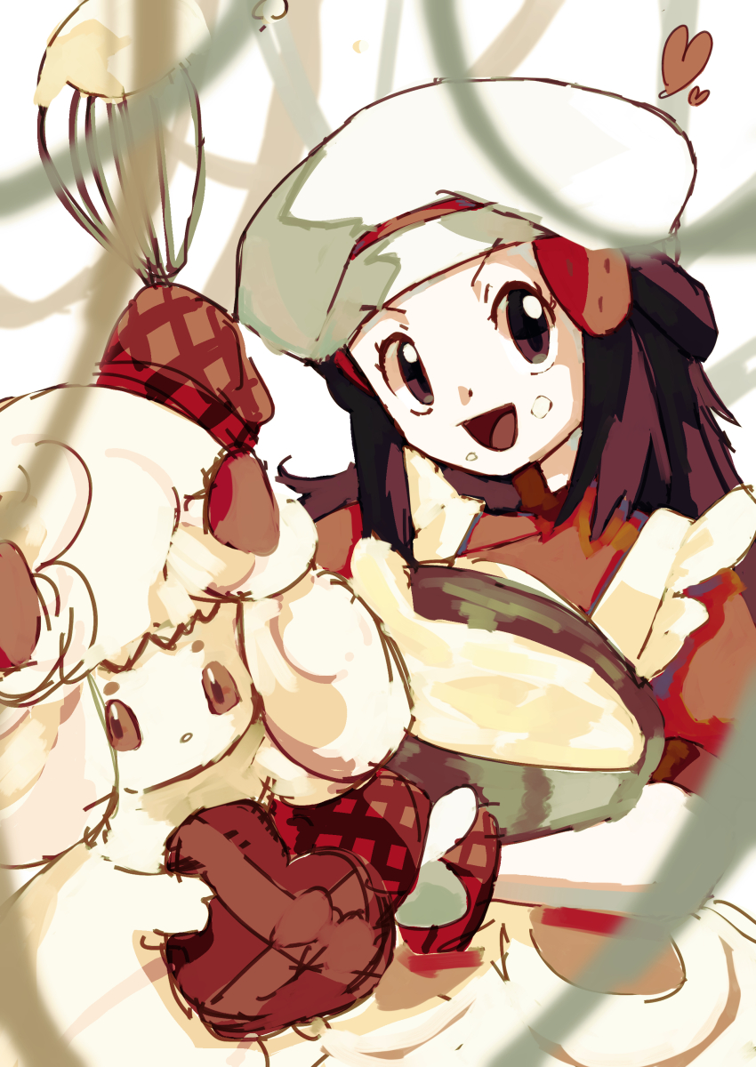 2girls, absurdres, alcremie, alcremie_(strawberry_sweet), alcremie_(vanilla_cream), apron, batter, black_eyes