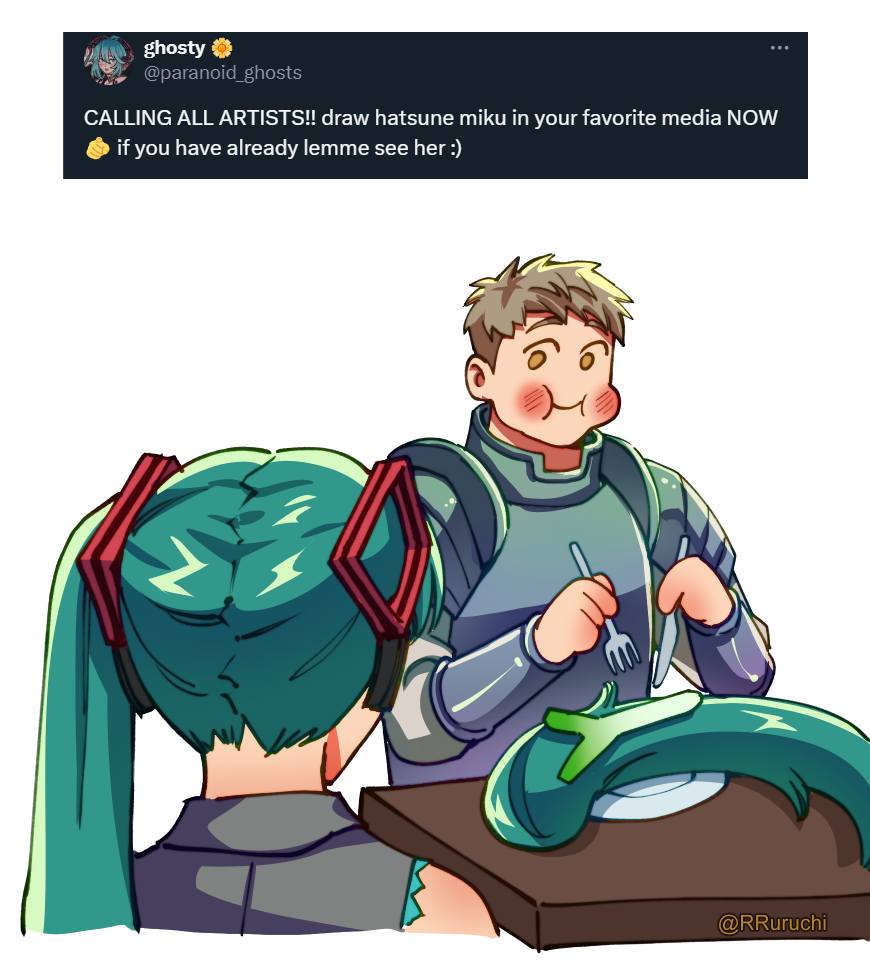 1boy, 1girl, aqua_eyes, aqua_hair, armor, blonde_hair, blush, dungeon_meshi, eating_hair, english_text, fork, hatsune_miku, hatsune_miku_(noodle_stopper), laios_touden, meme, necktie, plate, shameichi, sidetail_miku_noodle_stopper_(meme), smile, spring_onion, table, vocaloid, yellow_eyes