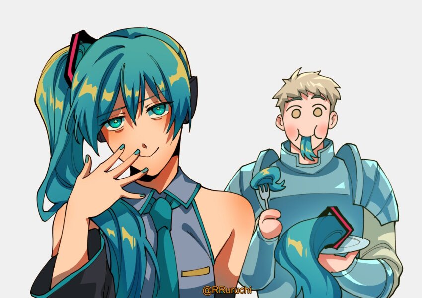 1boy, 1girl, aqua_eyes, aqua_hair, aqua_nails, aqua_necktie, armor, blonde_hair
