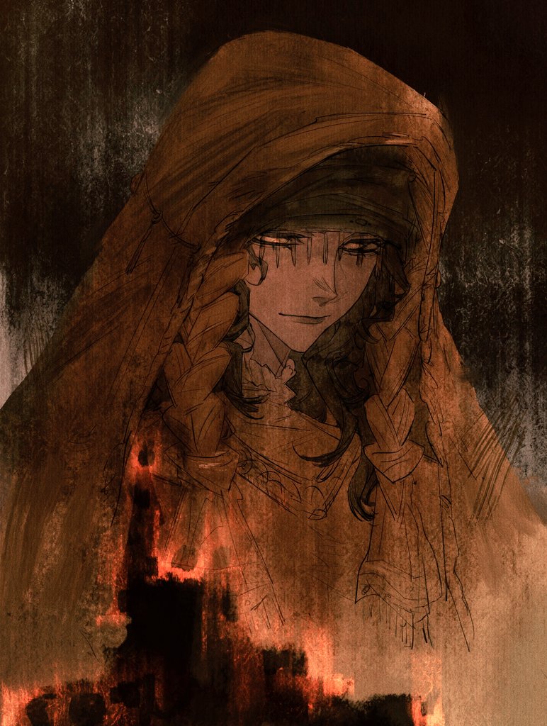 1girl, artstyle_request, black_hair, elden_ring, elden_ring:_shadow_of_the_erdtree, looking_down, nanaya_(elden_ring), portrait