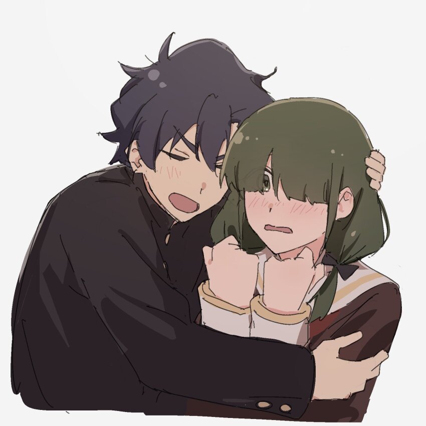 1boy, 1girl, black_hair, black_jacket, blunt_bangs, blush, brown_shirt, clenched_hands, couple, cropped_torso, eyes_visible_through_hair, flustered, gakuran, green_eyes, green_hair, hair_between_eyes, hair_over_eyes, hand_on_another's_arm, hand_on_another's_head, hands_up, happy, heads_together, hetero, hibike!_euphonium, highres, hug, jacket, kitauji_high_school_uniform, long_bangs, low_twintails, matarasu_(aaaaaaaaj), open_mouth, sailor_collar, scene_reference, school_uniform, shirt, short_hair, takahisa_chieri, takigawa_chikao, twintails, v-shaped_eyebrows, white_sailor_collar, winter_uniform