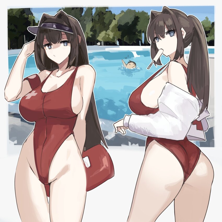 1boy, 1girl, aozaki_aoko, ass, bare_shoulders, blue_eyes, breasts, brown_hair, cameltoe, cross, groin, highres, jonyeld, large_breasts, leotard, lifeguard, mahou_tsukai_no_yoru, multiple_views, pool, red_cross, shizuki_soujuurou, sideboob, visor_cap