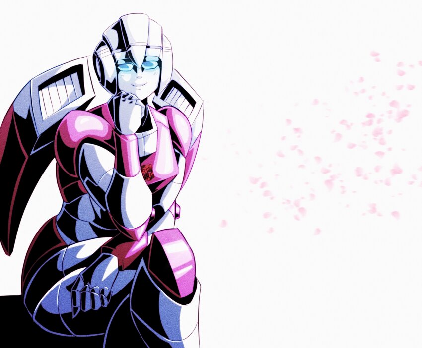 1girl, absurdres, arcee, autobot, blue_eyes, breasts, cherry_blossoms, glowing