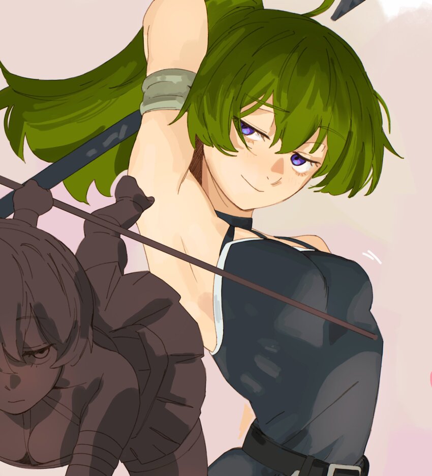 1girl, arm_up, armlet, armpits, bare_shoulders, bchan1582, belt, black_belt