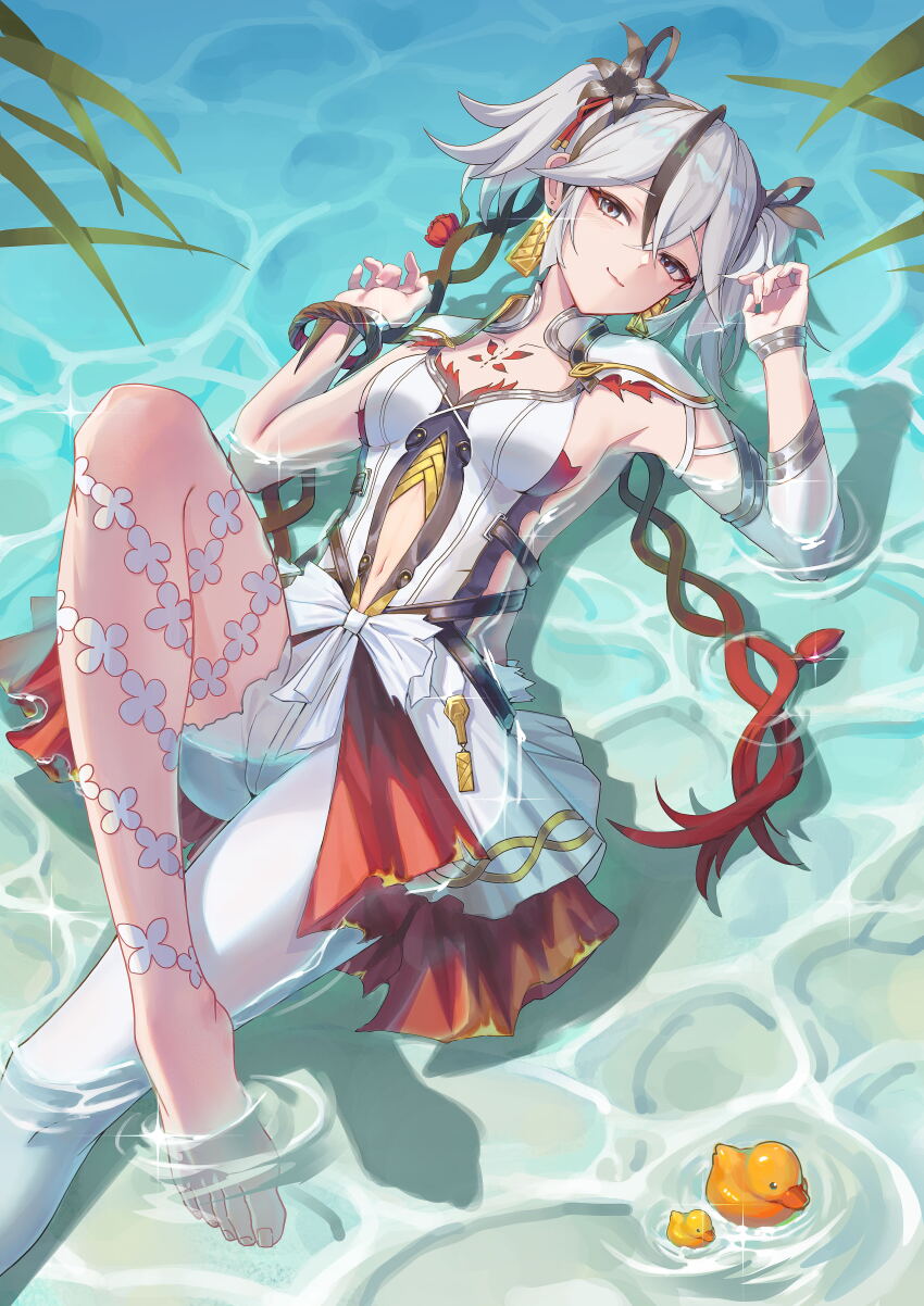 1girl, :3, absurdres, asymmetrical_legwear, backless_dress, backless_outfit, black_flower, blue_eyes