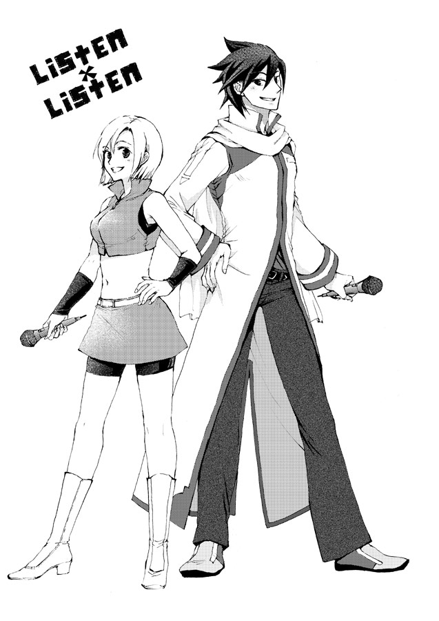 1boy, 1girl, boots, couple, greyscale, hetero, kaito_(vocaloid), meiko_(vocaloid)