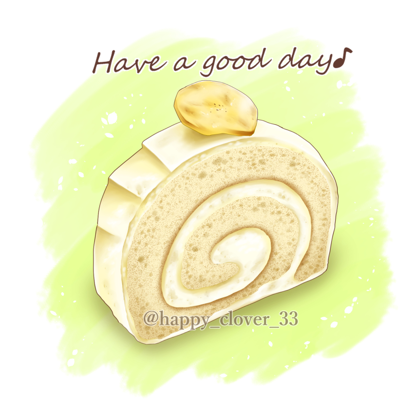 banana, banana_slice, cake, cream, english_text, food, food_focus, fruit, happy_clover_3, highres, icing, musical_note, no_humans, original, still_life, swiss_roll