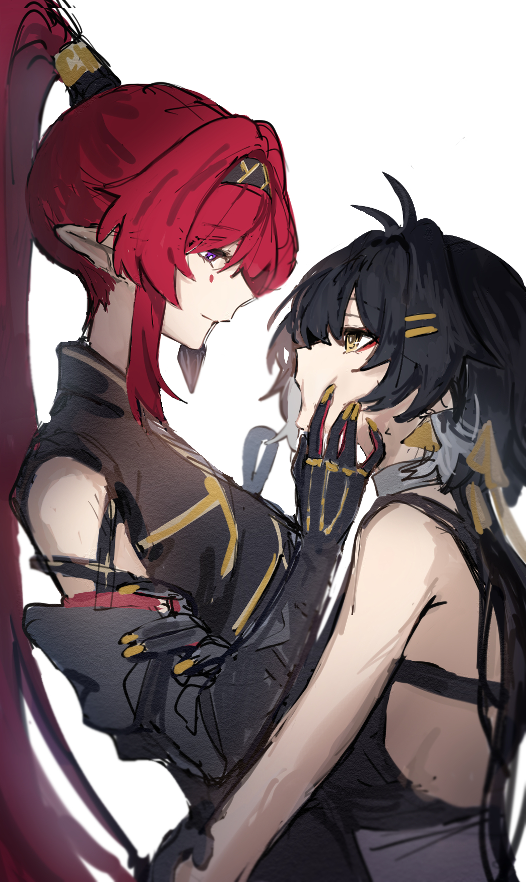 2girls, antenna_hair, bare_arms, bare_shoulders, black_hair, chinese_clothes, choker, closed_mouth, couple, detached_sleeves, earrings, eyeliner, face-to-face, female_rover_(wuthering_waves), from_side, hair_between_eyes, hair_ornament, hairband, hairclip, hand_on_another's_cheek, hand_on_another's_face, hand_on_another's_waist, high_ponytail, highres, hug, jewelry, long_hair, looking_at_another, makeup, mole, moonsun77773, multiple_girls, open_mouth, pointy_ears, ponytail, purple_eyes, red_hair, rover_(wuthering_waves), simple_background, single_earring, sleeveless, standing, white_background, wuthering_waves, yellow_eyes, yinlin_(wuthering_waves), yuri