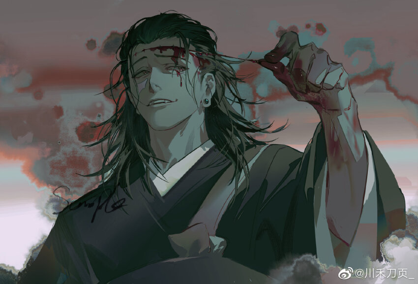 1boy, aalili, black_hair, black_kimono, blood, blood_on_face, geto_suguru, geto_suguru_(kenjaku), japanese_clothes, jujutsu_kaisen, kimono, long_hair, long_sleeves, male_focus, solo, stitches, watermark, weibo_watermark