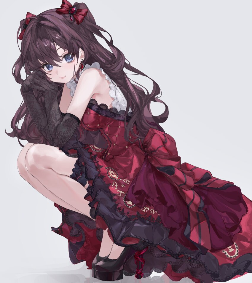 1girl, absurdres, back_bow, bare_legs, bare_shoulders, black_footwear, black_gloves, blue_eyes