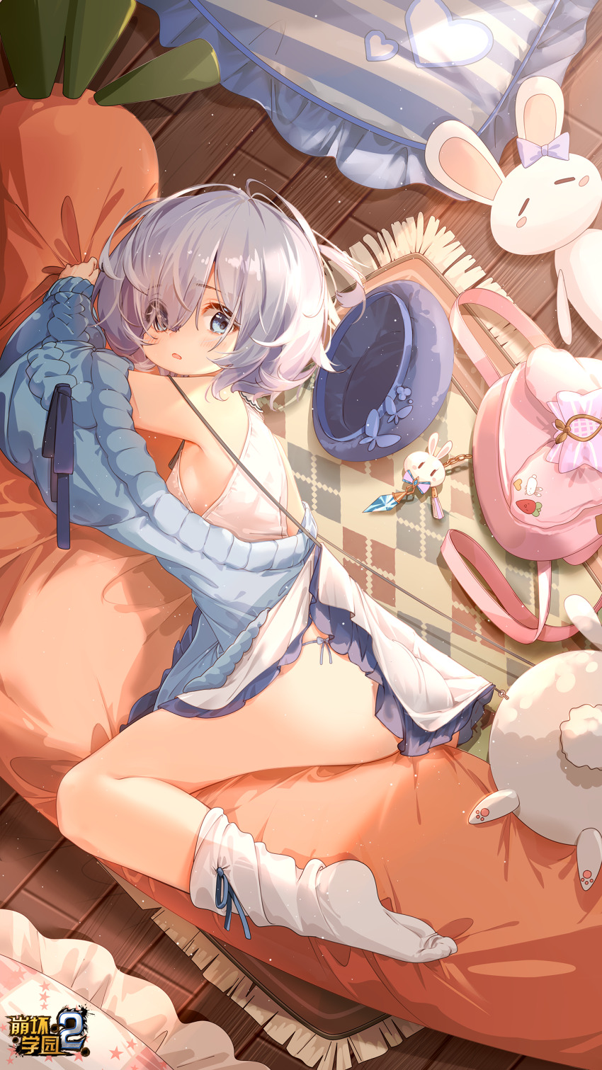 1girl, absurdres, bag, beret, blue_eyes, copyright_name, floor, full_body, hair_over_one_eye, hat, highres, honkai_(series), honkai_gakuen, logo, no_shoes, official_art, parted_lips, pillow, second-party_source, silver_(honkai_gakuen), socks, solo, stuffed_toy, unworn_hat, unworn_headwear, white_hair, white_socks