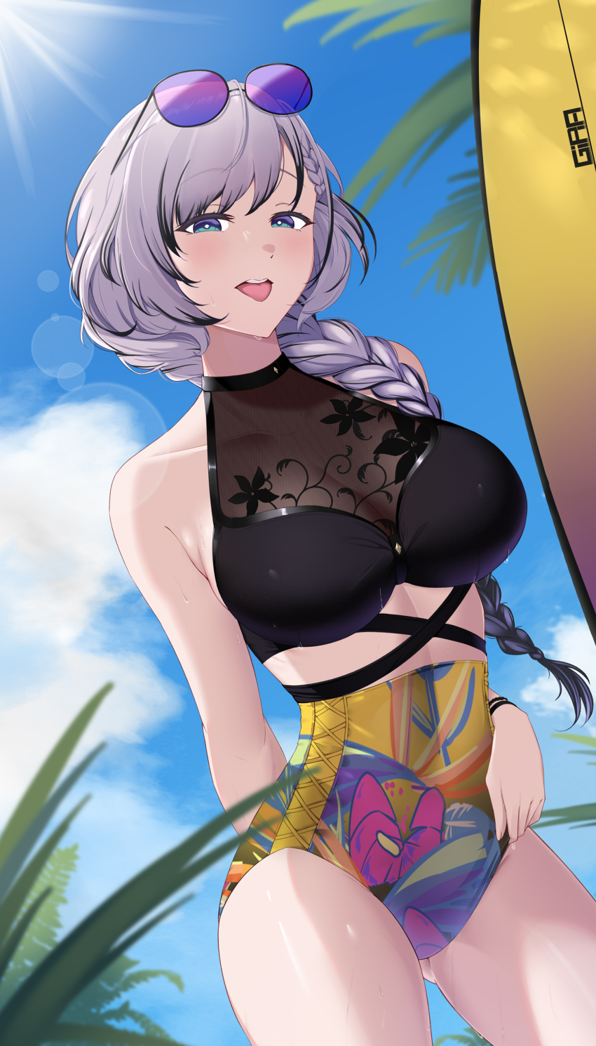 1girl, :p, absurdres, alternate_costume, ass, bare_shoulders, black_hair, blue_eyes