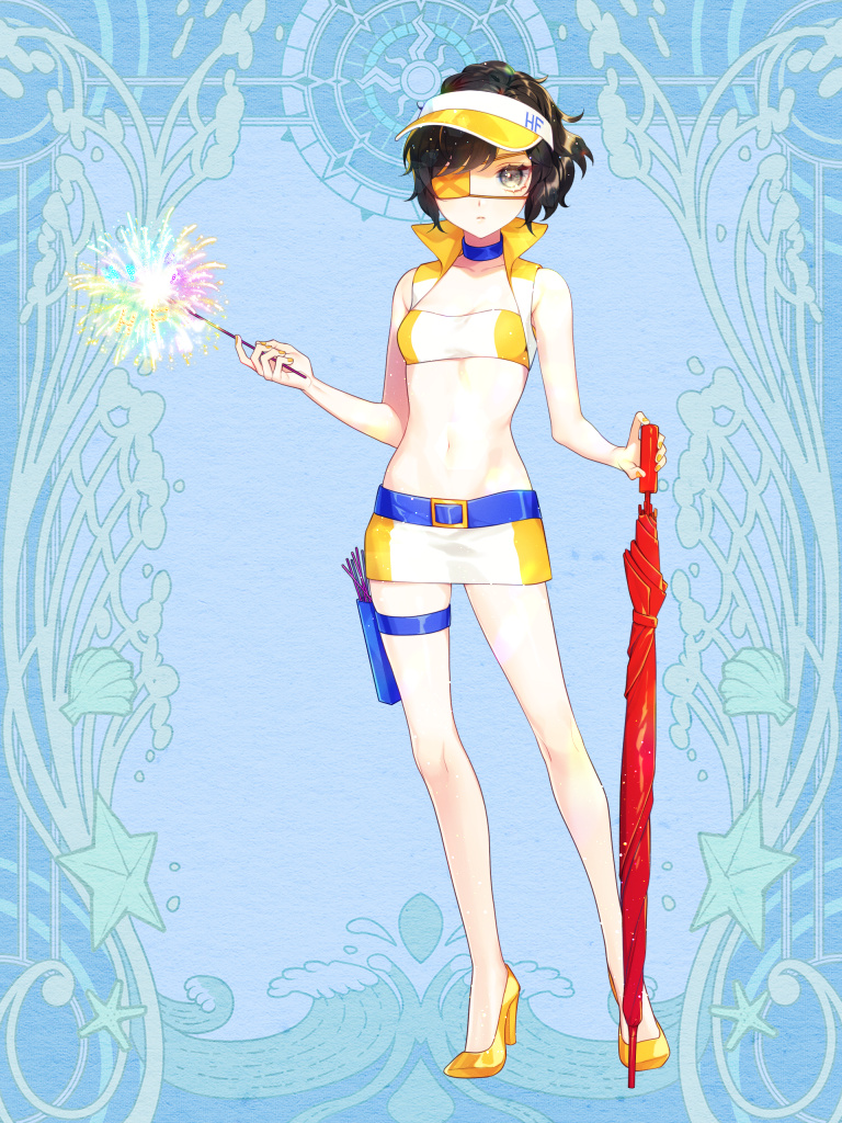 1girl, belt, black_hair, blue_background, blue_choker, breasts, choker, closed_umbrella