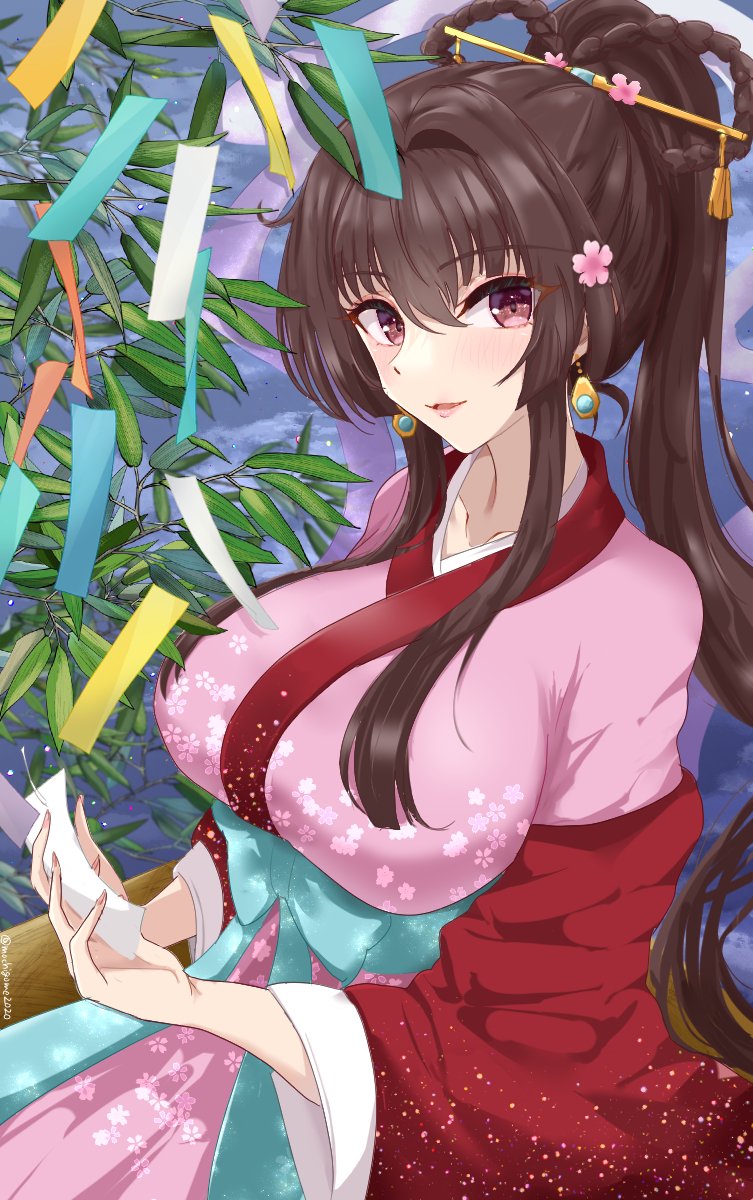 1girl, bamboo, blush, breasts, brown_eyes, brown_hair, chamumi_(mochiumee), cosplay