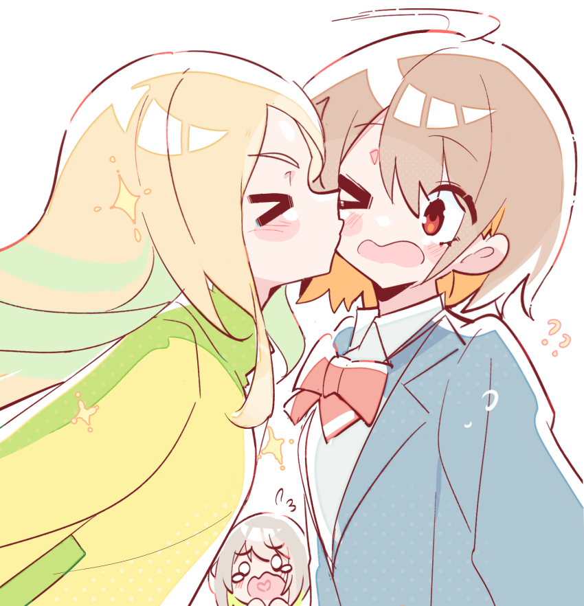 >_<, >_o, 3girls, ?, ??, anna_aveiro, blonde_hair, blue_jacket