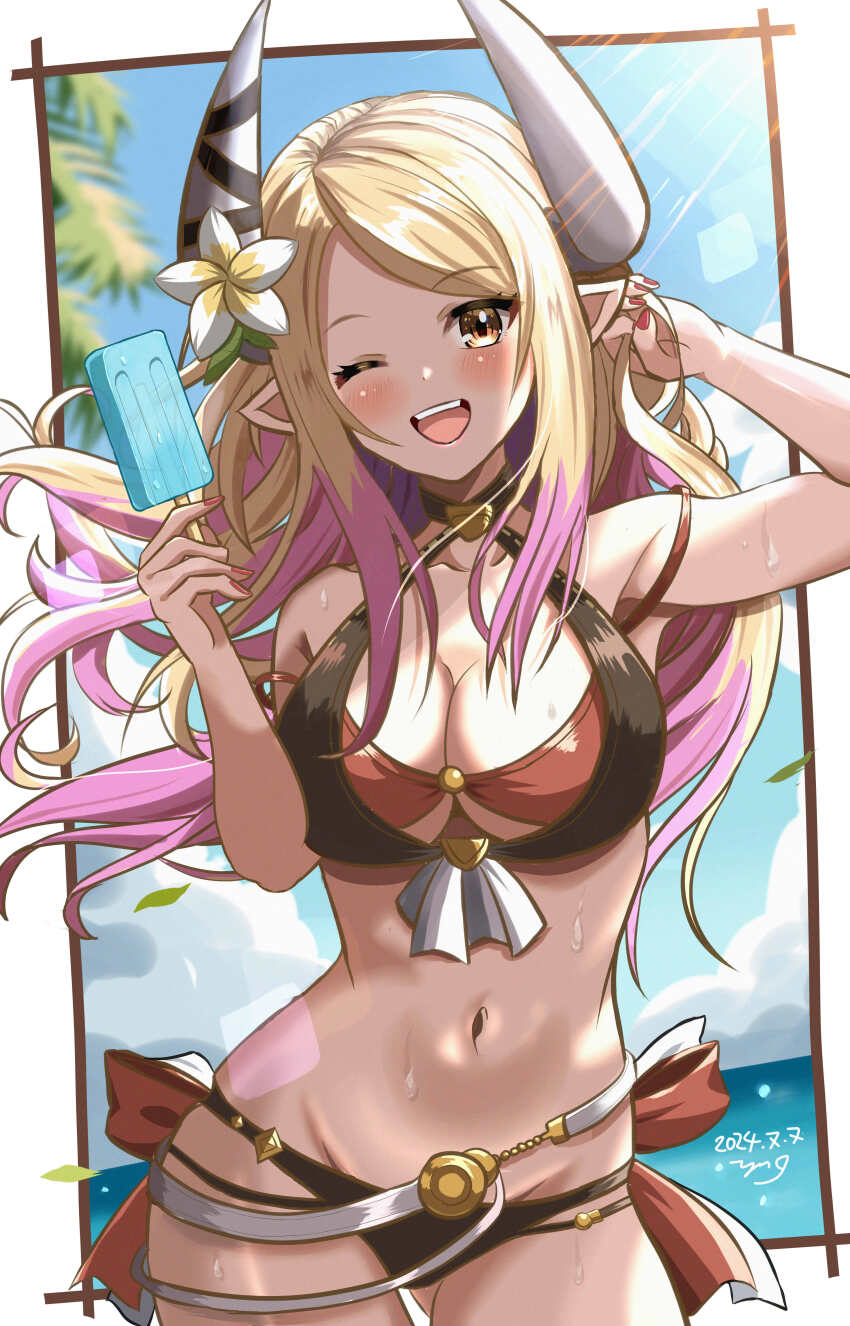 1girl, absurdres, bikini, blonde_hair, dark-skinned_female, dark_skin, draph, flower