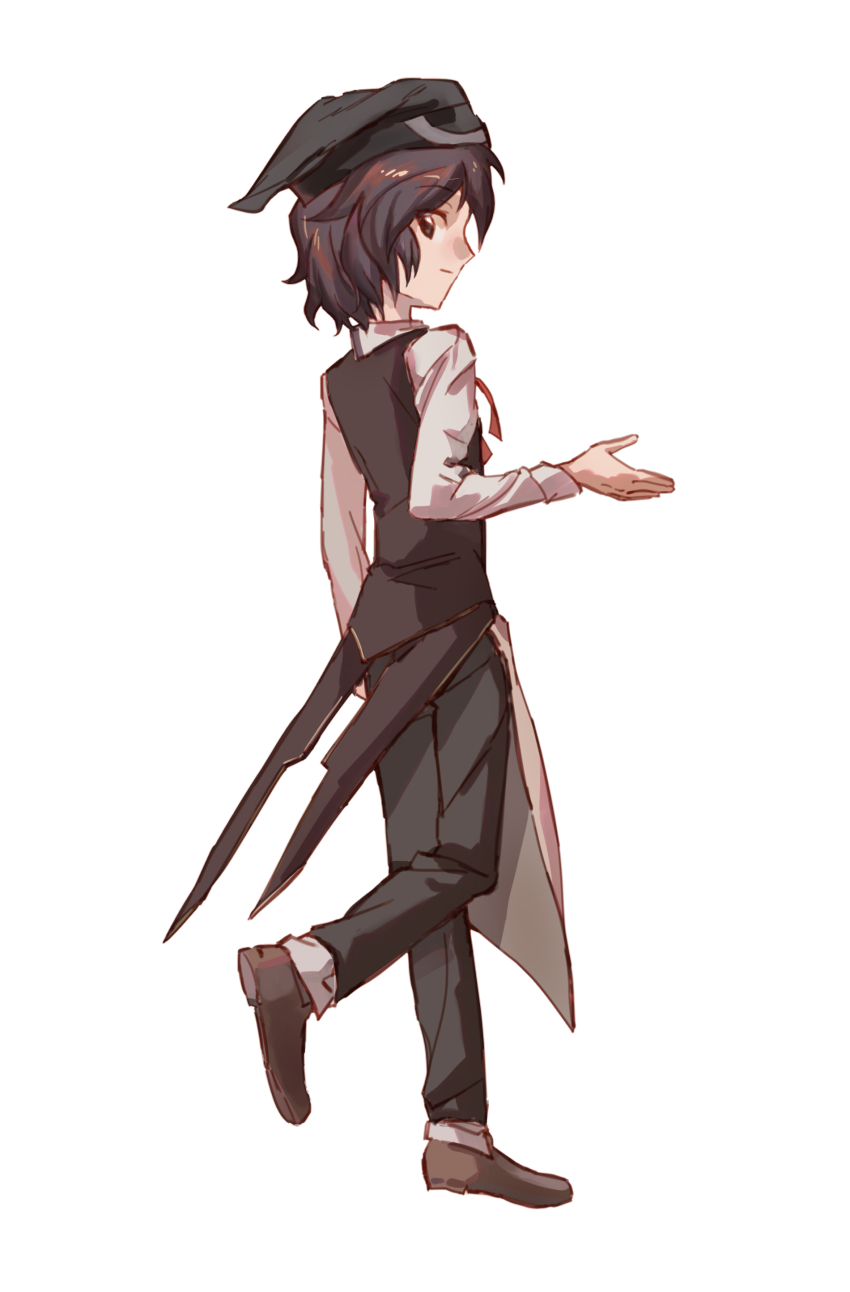 1other, 4_30_ge_aya, absurdres, androgynous, apron, beanie, black_eyes, black_hair, black_hat, black_pants, black_vest, book_of_the_cafe, brown_shoes, chinese_commentary, closed_mouth, coattails, collared_shirt, commentary_request, enraku_tsubakura, enraku_tsubakura_(waiter_form), expressionless, eye_of_senri, from_side, full_body, hat, highres, len'en, long_sleeves, looking_at_viewer, neck_ribbon, official_alternate_costume, other_focus, pants, red_ribbon, ribbon, shirt, shoes, short_hair, simple_background, solo, tachi-e, tailcoat, vest, waist_apron, white_apron, white_background, white_shirt