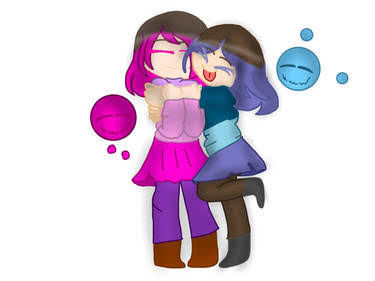 akumu_(glitchtale), bete_noire, blue_hair, blue_sweater, boots, brown_hair, closed_eyes, glitchtale