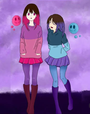 akumu_(glitchtale), bete_noire, blue_hair, blue_sweater, boots, brown_hair, closed_eyes, glitchtale