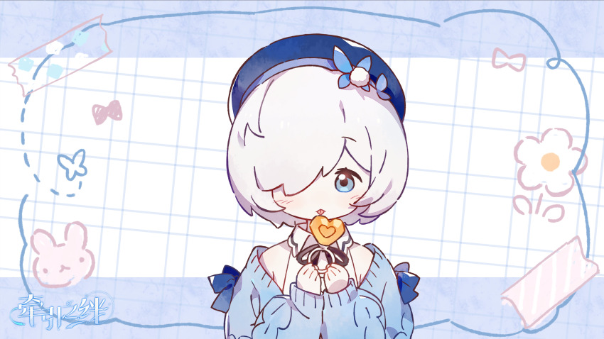 1girl, beret, blue_eyes, candy, eating, food, hair_over_one_eye, hat