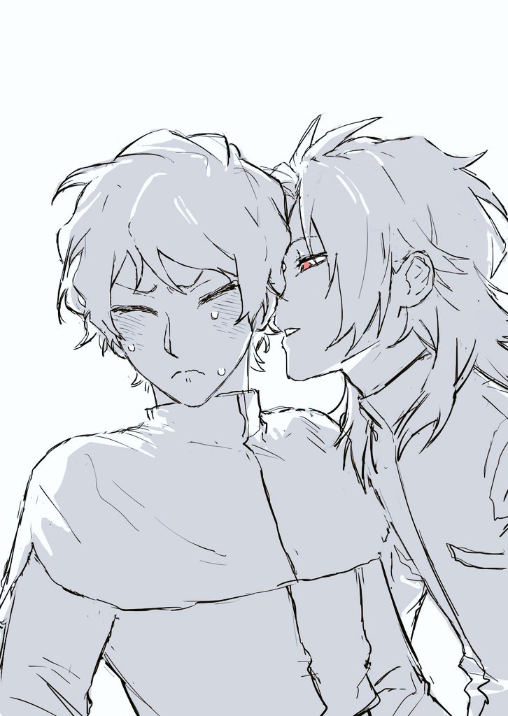 2boys, blush, capelet, closed_eyes, closed_mouth, frown, gigantea_pp, greyscale