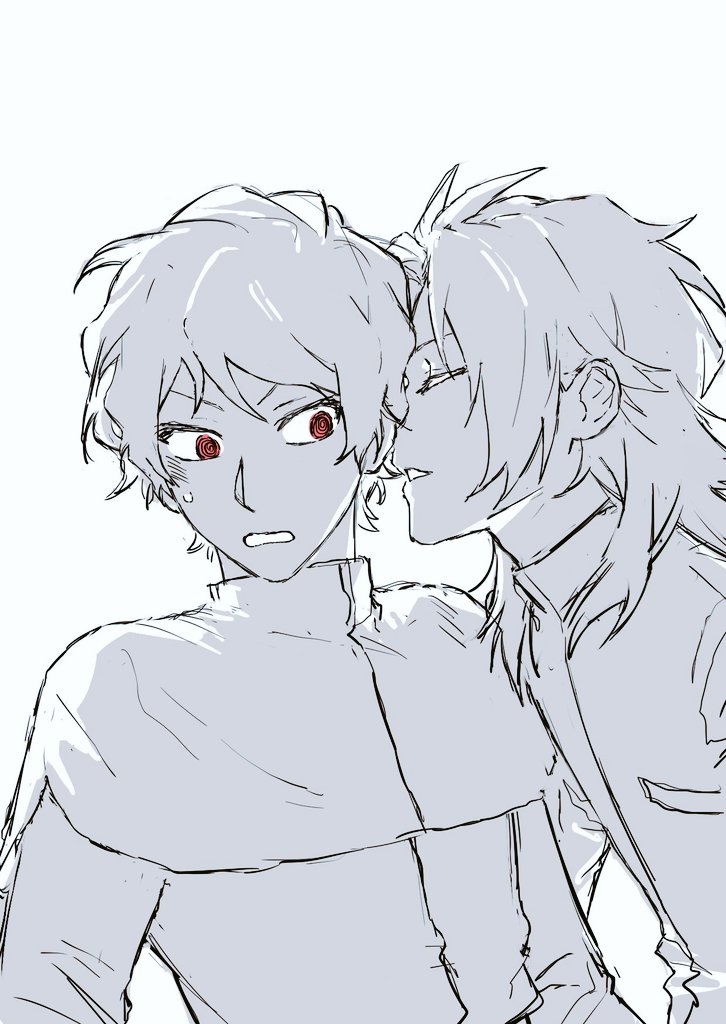 2boys, @_@, capelet, closed_eyes, gigantea_pp, greyscale, hatsutori_hajime, long_sleeves