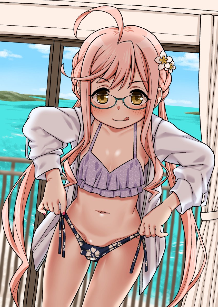 1girl, :q, adjusting_clothes, adjusting_swimsuit, bikini, bikini_pull, black_bikini, blush, breasts, clothes_pull, commentary, curtains, day, floral_print, flower, glasses, hair_flower, hair_ornament, harukaze_unipo, highres, indoors, jacket, kantai_collection, long_hair, long_sleeves, looking_at_viewer, makigumo_(kancolle), makigumo_kai_ni_(kancolle), makigumo_kai_ni_(swimsuit)_(kancolle), medium_breasts, mismatched_bikini, navel, ocean, open_clothes, open_jacket, pink_flower, pink_hair, purple_bikini, side-tie_bikini_bottom, sidelocks, smile, solo, swimsuit, tongue, tongue_out, twintails, very_long_hair, water, white_jacket, yellow_eyes