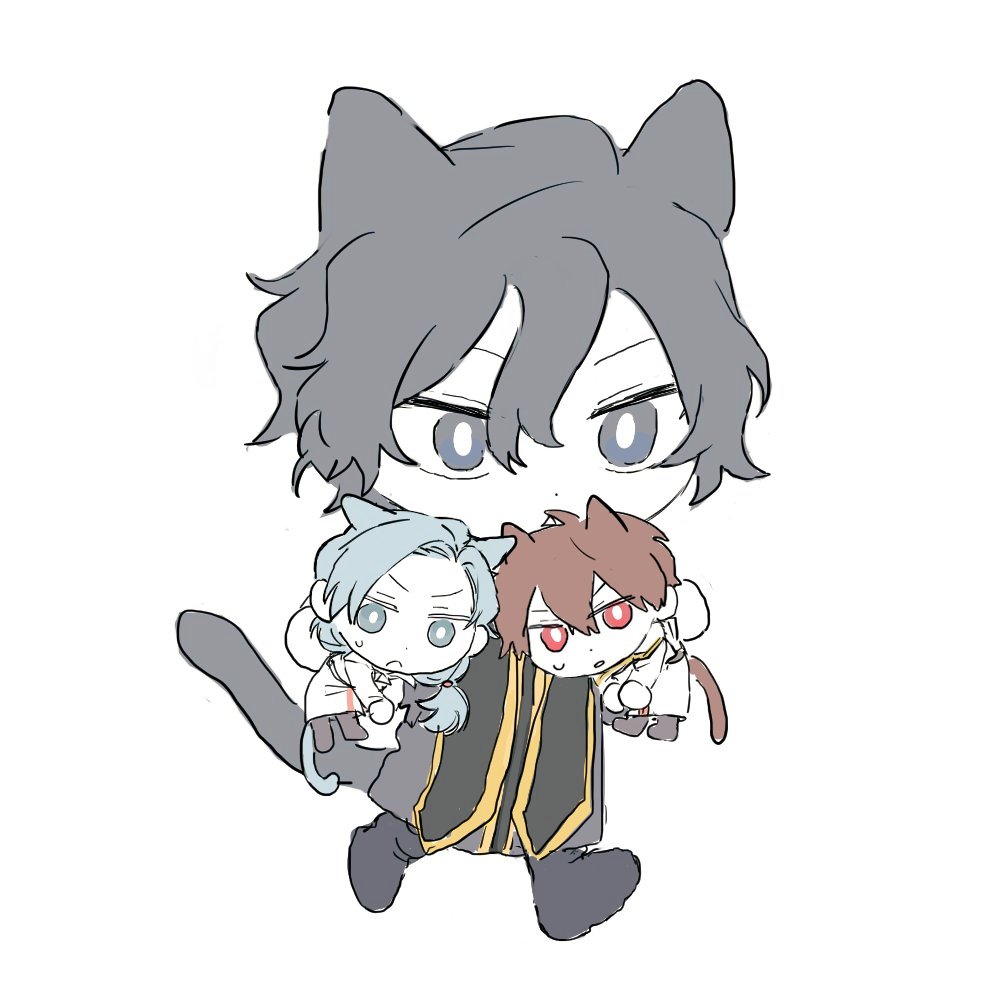 1girl, 2boys, black_coat, black_eyes, black_hair, blue_eyes, blue_hair, bright_pupils